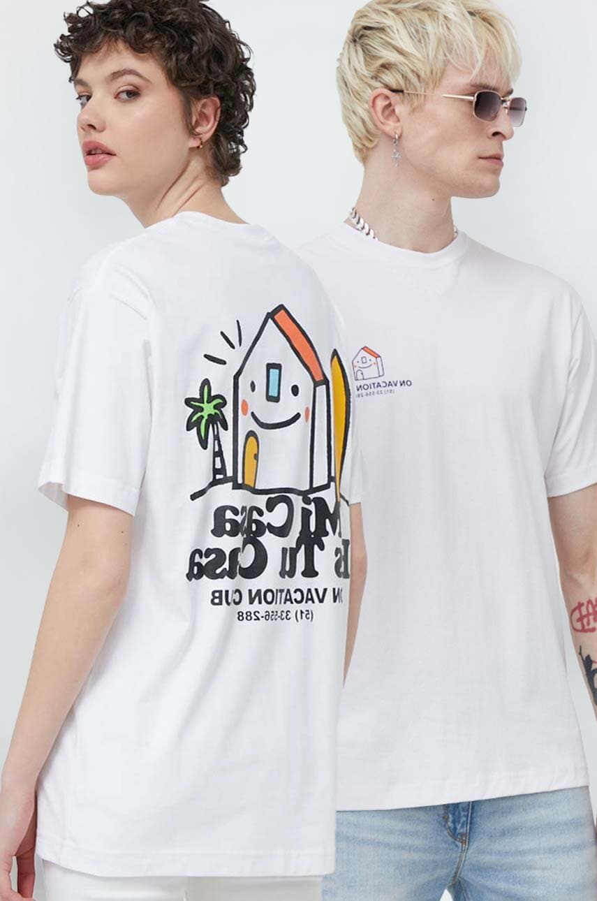 On Vacation tricou din bumbac Mi Casa culoarea alb, cu imprimeu, OVC T149