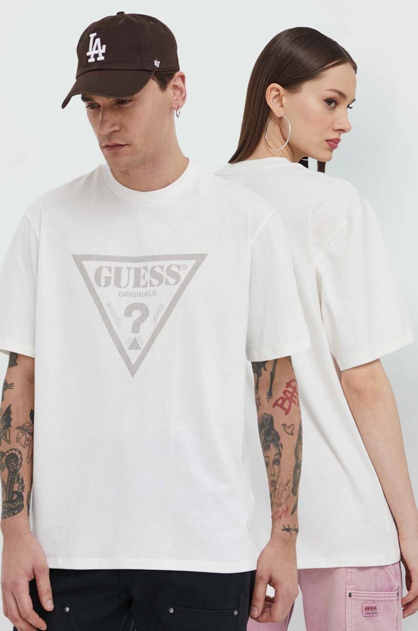 

Памучна тениска Guess Originals в бежово с принт, Бежов