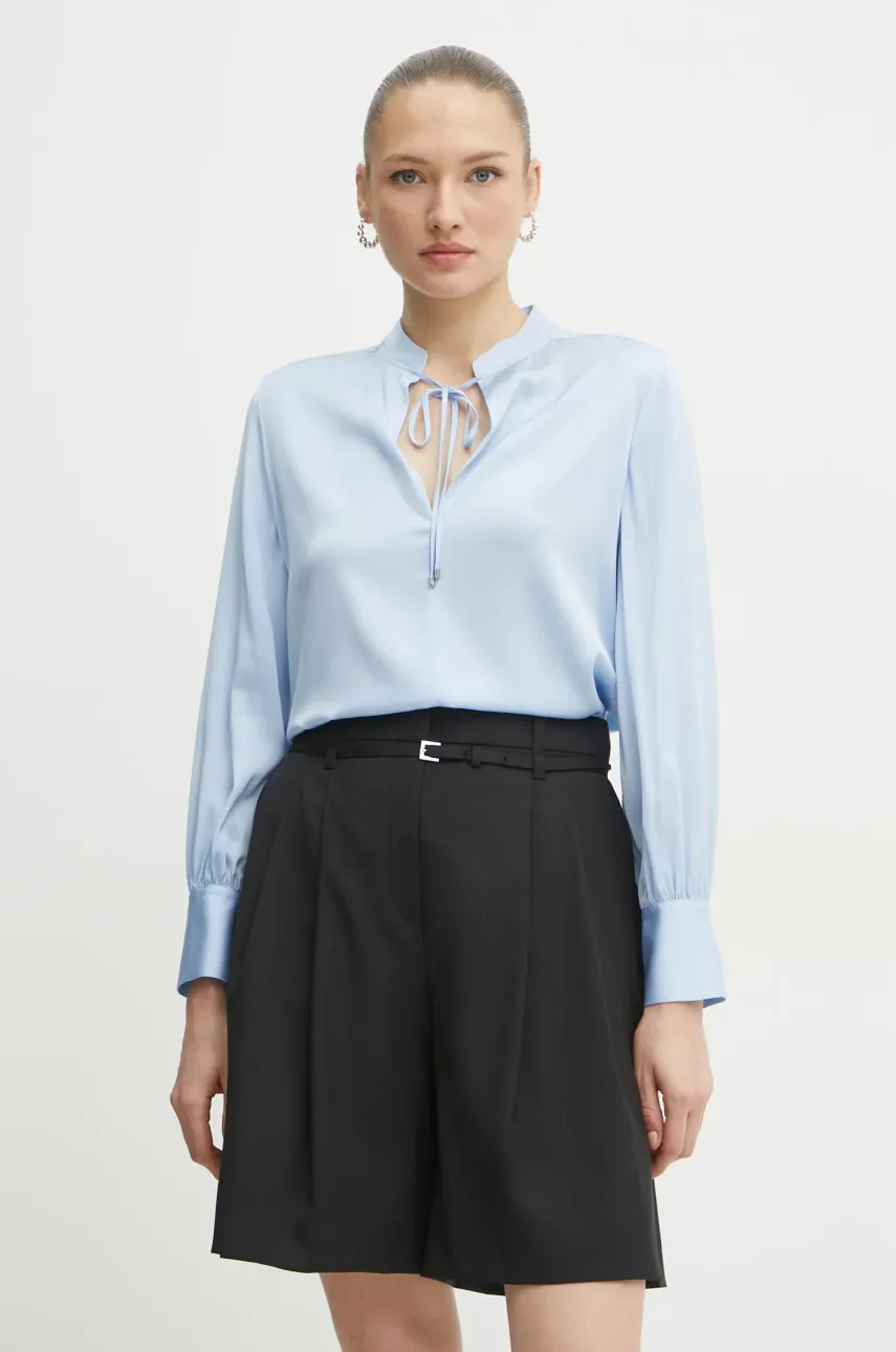 Hedvábná halenka BOSS dámská, modrá barva, hladká, 50538492