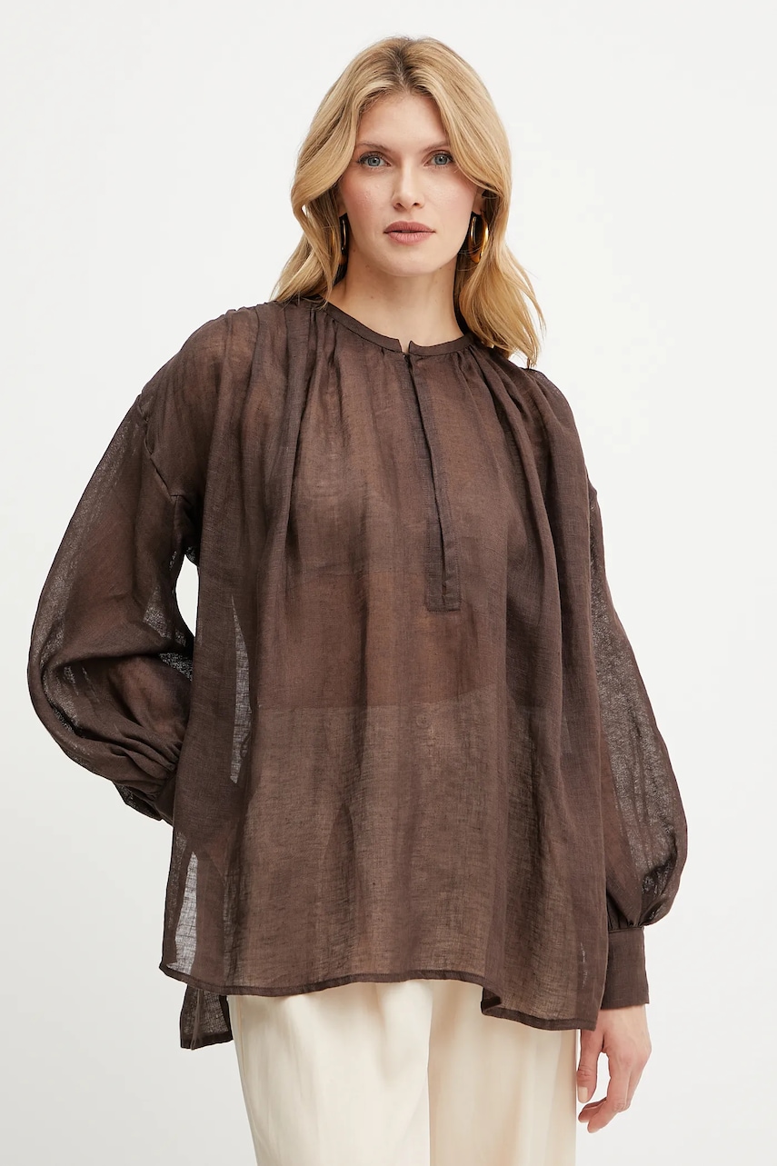 Luisa Spagnoli bluză din in culoarea maro, uni, 542157