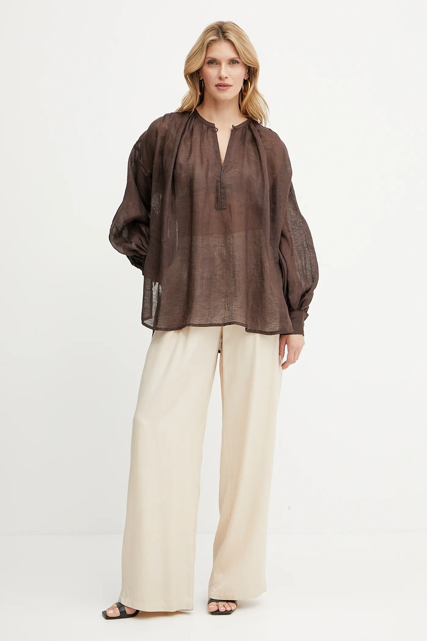 Льняная блузка Luisa Spagnoli цвет коричневый однотонная 542157