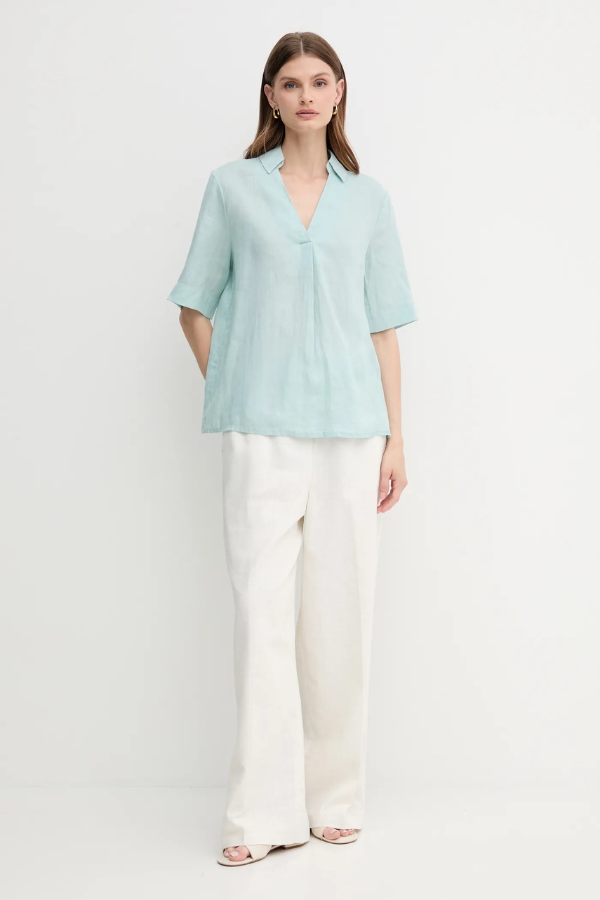 Льняная блузка United Colors of Benetton цвет бирюзовый однотонная 5BMLDQ0B6