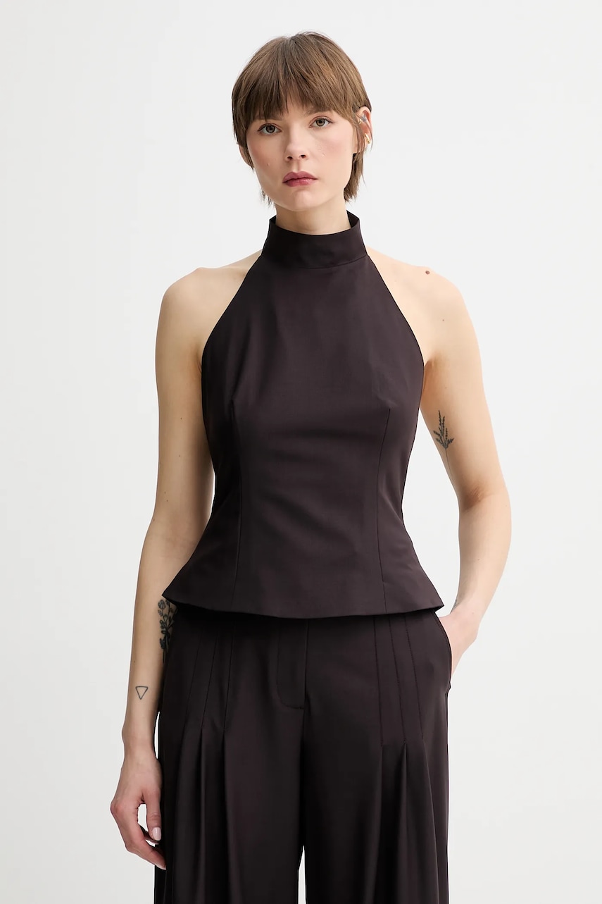 Remain bluză din amestec de lână culoarea maro, uni, 502597578