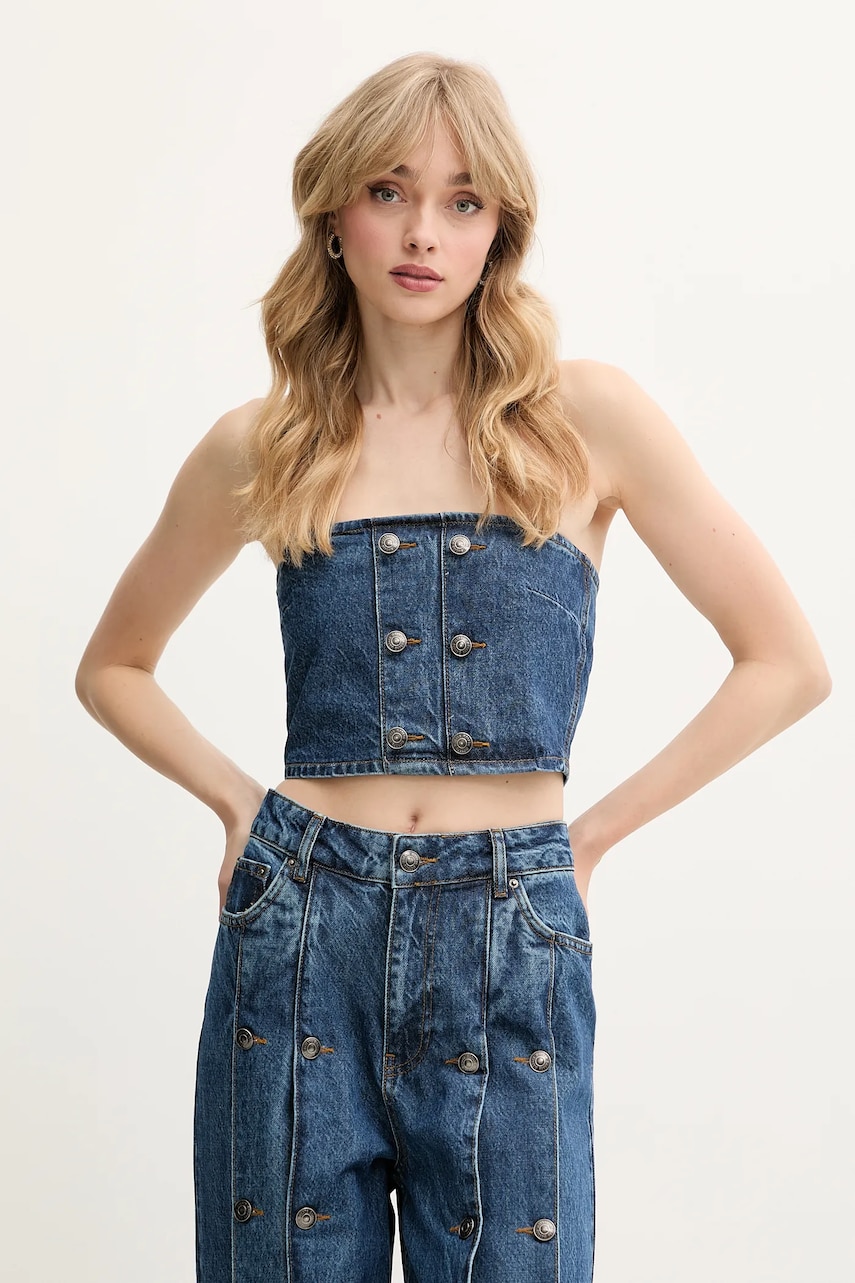 Rotate top din denim culoarea bleumarin, uni, 1144481602