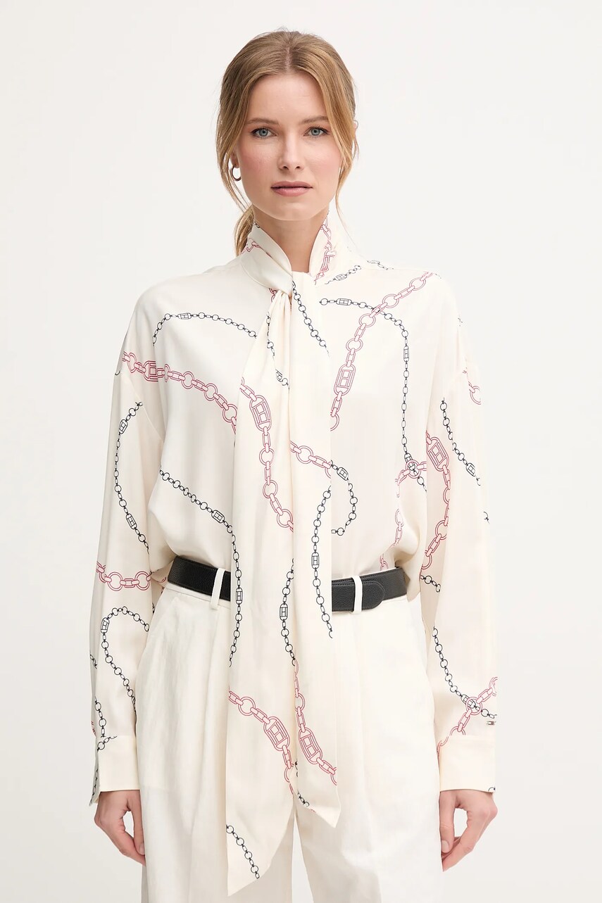 Levně Košile Tommy Hilfiger dámská, béžová barva, relaxed, s vázaným výstřihem, WW0WW44684