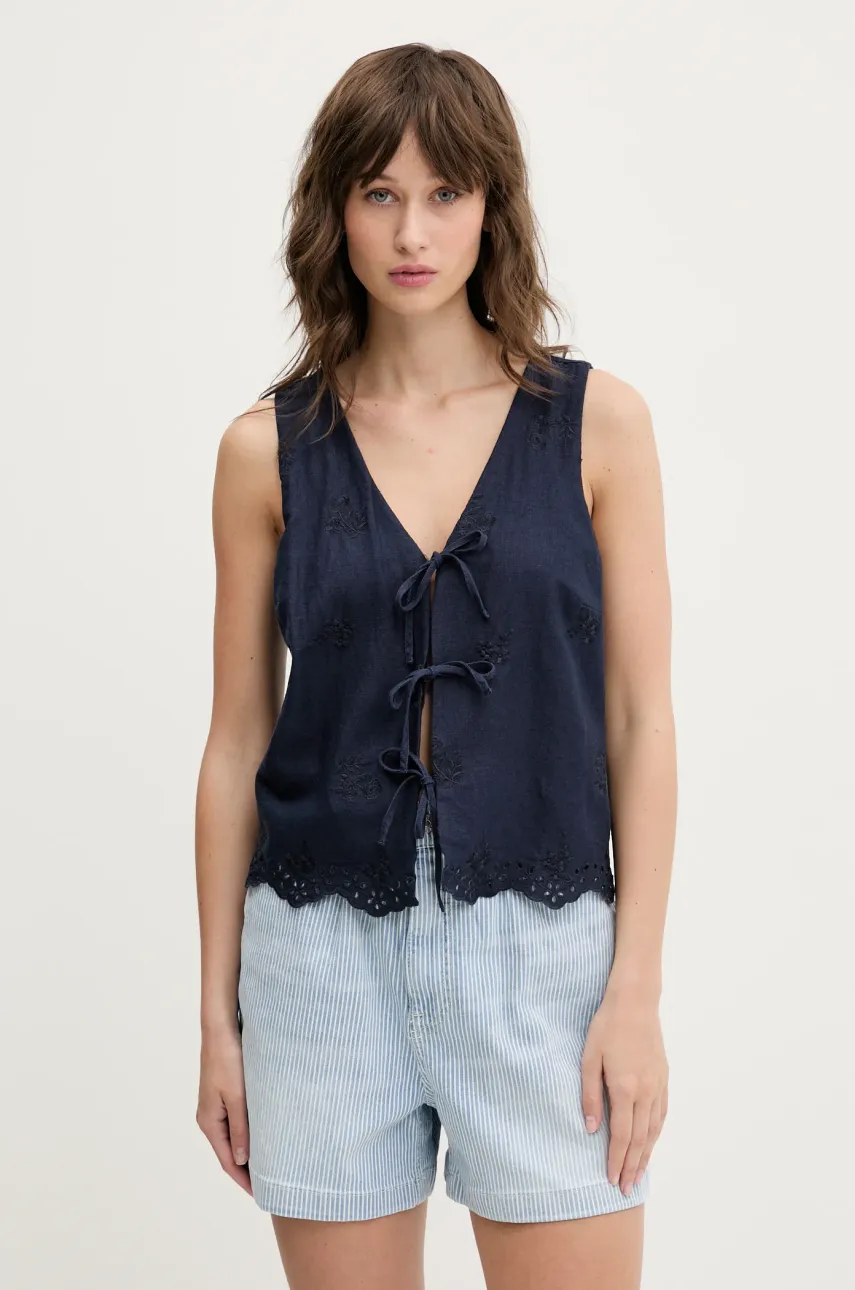 Levně Lněná vesta Hollister Co. tmavomodrá barva, jednořadá, KI340-5068