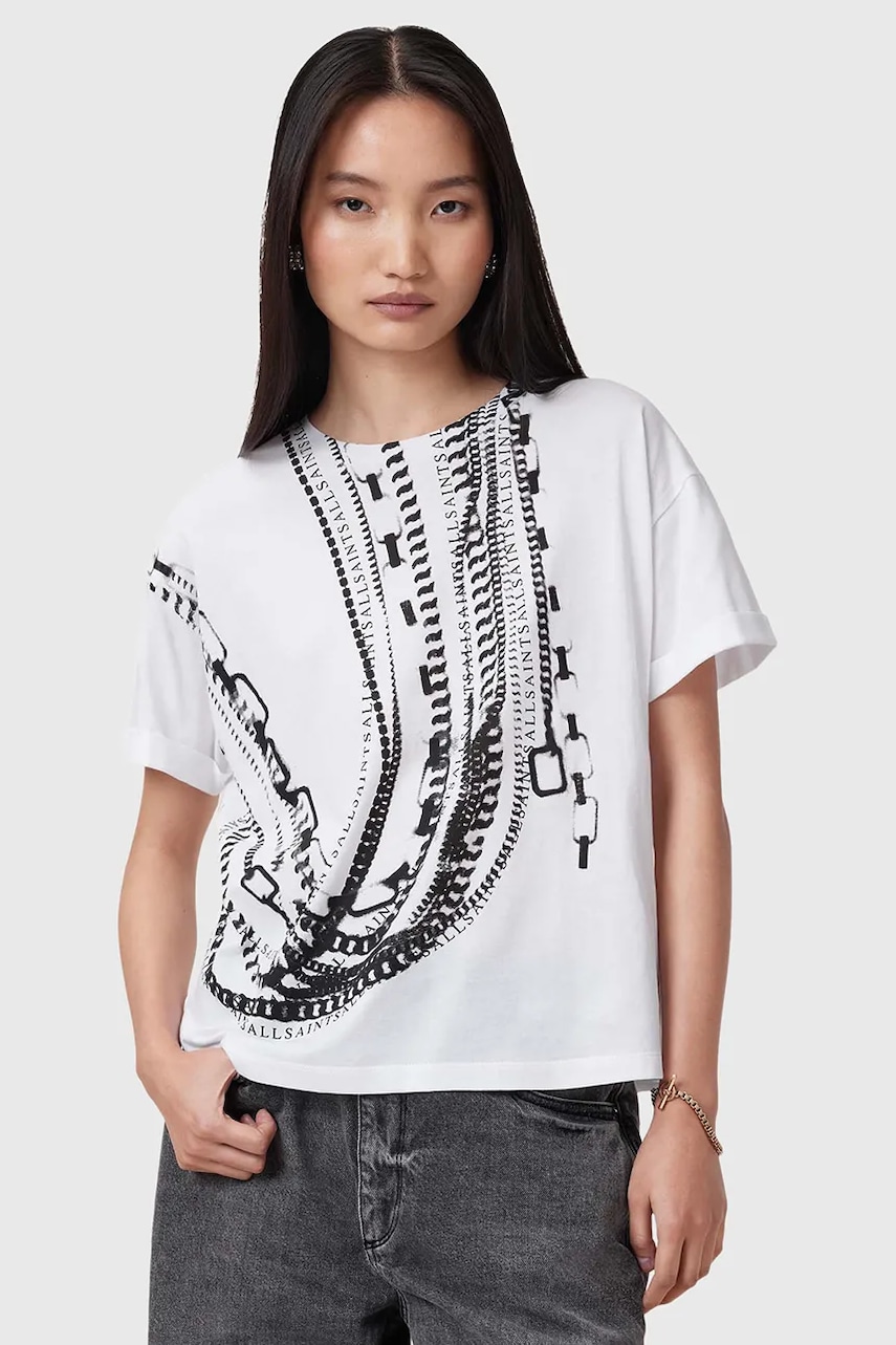 AllSaints bluza din bumbac METALLO femei, culoarea alb, cu imprimeu, W039JC AllSaints bluza din bumbac METALLO femei, culoarea alb, cu imprimeu, W039JC