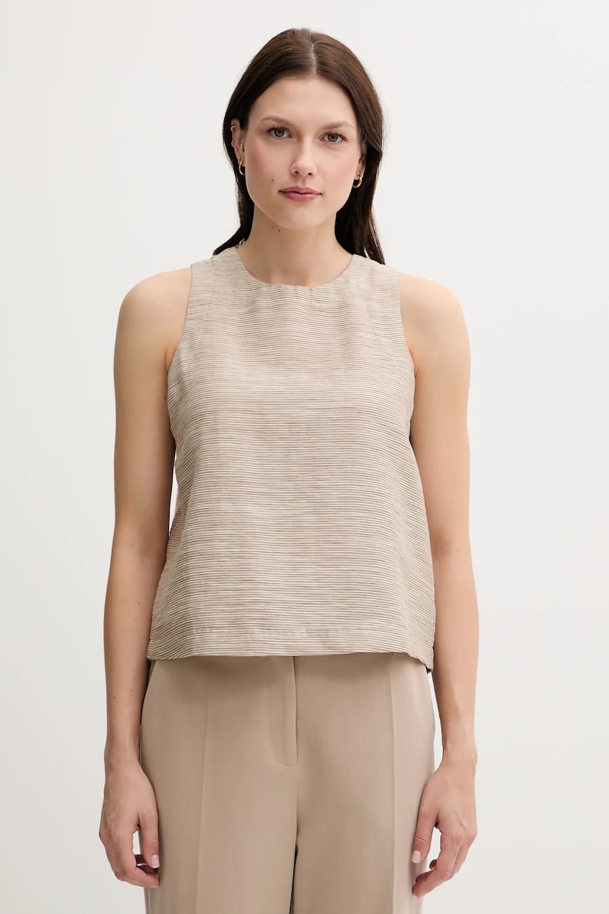 United Colors of Benetton bluza din amestec de in culoarea bej, cu imprimeu, 5YPVDQ0BL