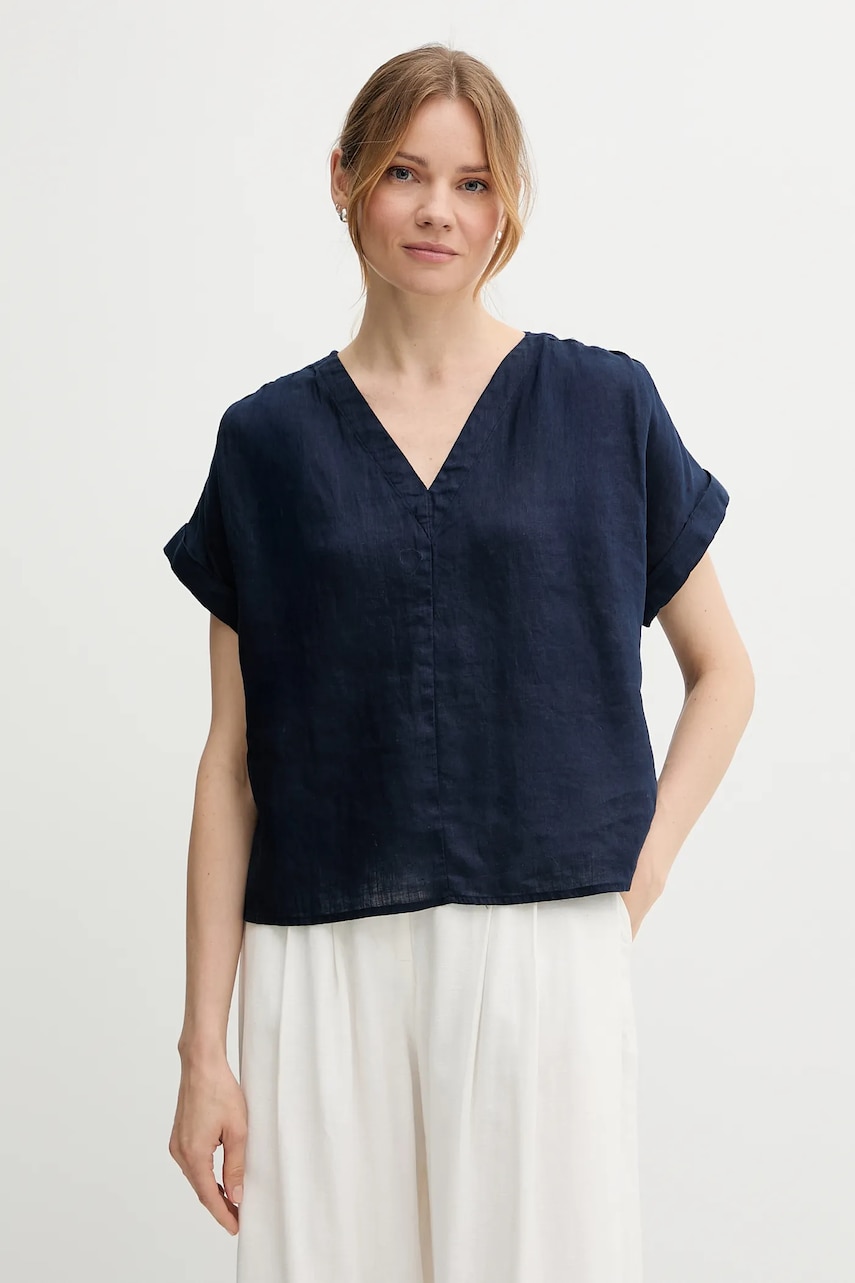 United Colors of Benetton bluză din in culoarea bleumarin, uni, 5BMLDQ0BR