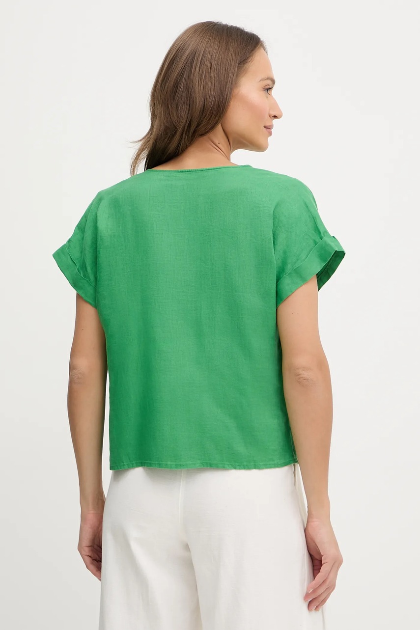 Льняная блузка United Colors of Benetton цвет зелёный однотонная 5BMLDQ0BR