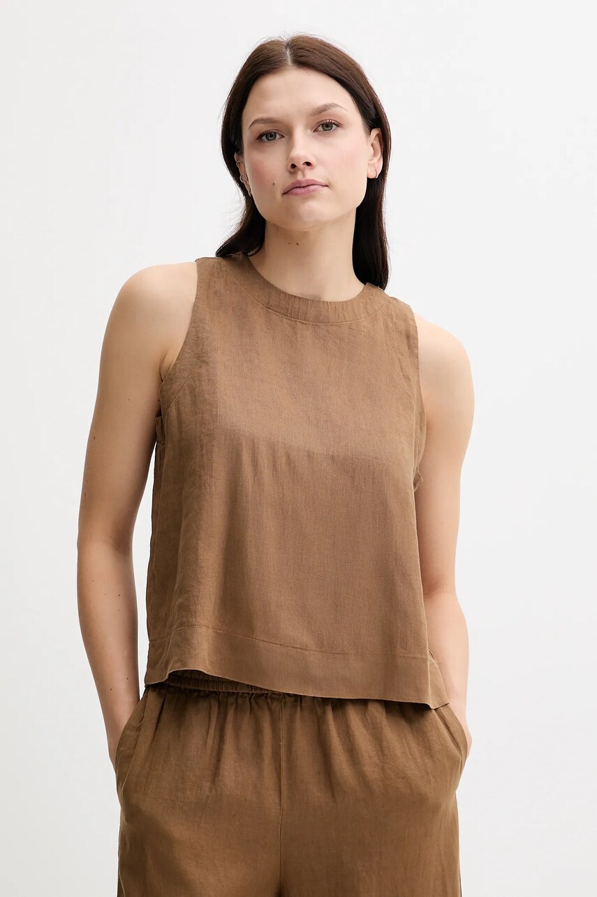 United Colors of Benetton bluză din in culoarea maro, uni, 5BMLDQ0BU