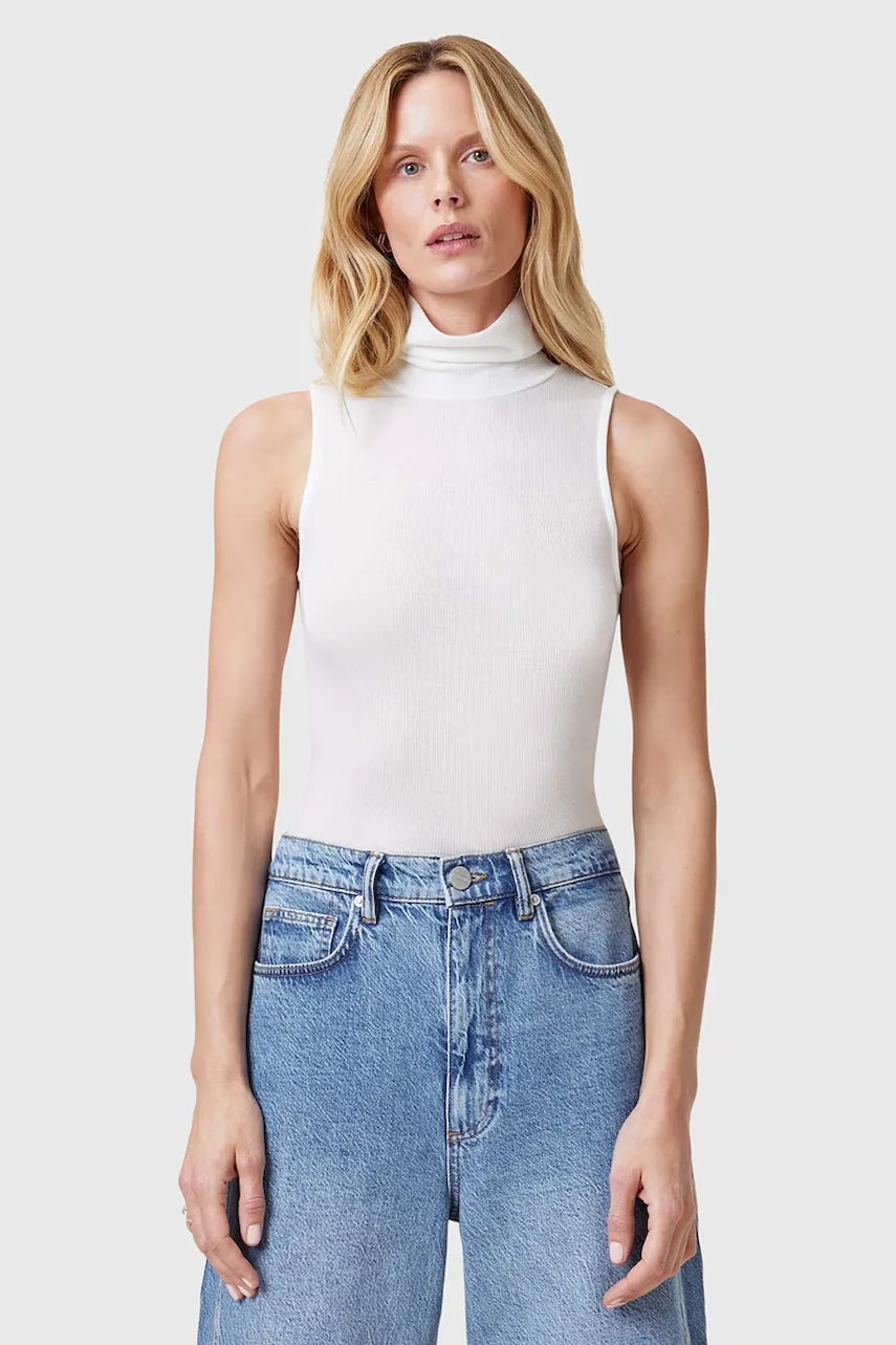 AllSaints top BEC ROLL femei, culoarea alb, cu guler, W004JC AllSaints top BEC ROLL femei, culoarea alb, cu guler, W004JC