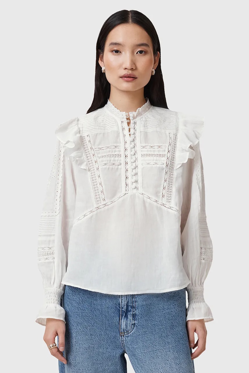 AllSaints bluza din bumbac HEATHER femei, culoarea alb, neted, W038PC