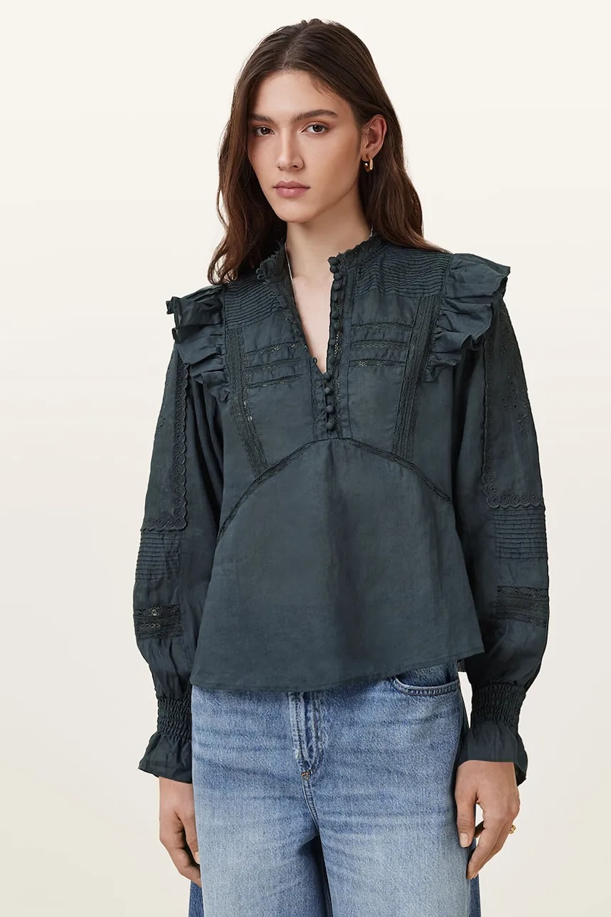 AllSaints bluza din bumbac HEATHER femei, culoarea albastru marin, neted, W038PC AllSaints bluza din bumbac HEATHER femei, culoarea albastru marin, neted, W038PC