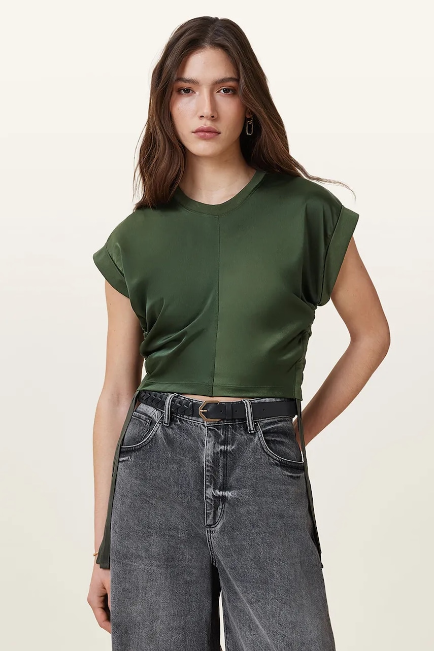AllSaints bluza MIRA SATIN femei, culoarea verde, neted, W054JC AllSaints bluza MIRA SATIN femei, culoarea verde, neted, W054JC