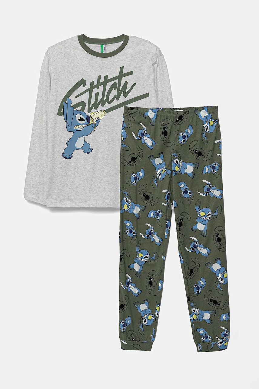 United Colors of Benetton pijama copii culoarea gri, cu imprimeu, 3VR50P08G United Colors of Benetton pijama copii culoarea gri, cu imprimeu, 3VR50P08G