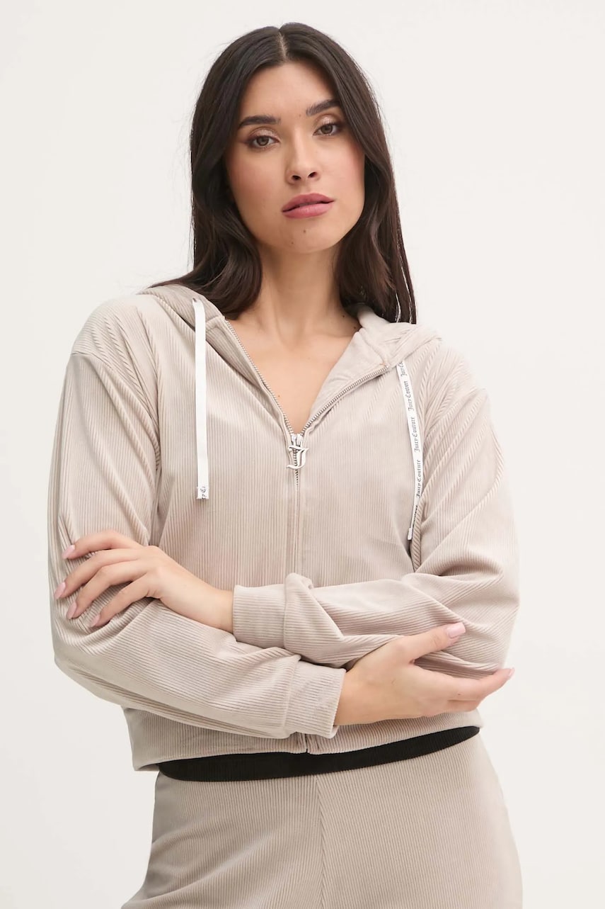 Juicy Couture bluza pijama LIV RIB VELOUR HOODIE femei, culoarea bej, JCLBJ125503 Juicy Couture bluza pijama LIV RIB VELOUR HOODIE femei, culoarea bej, JCLBJ125503