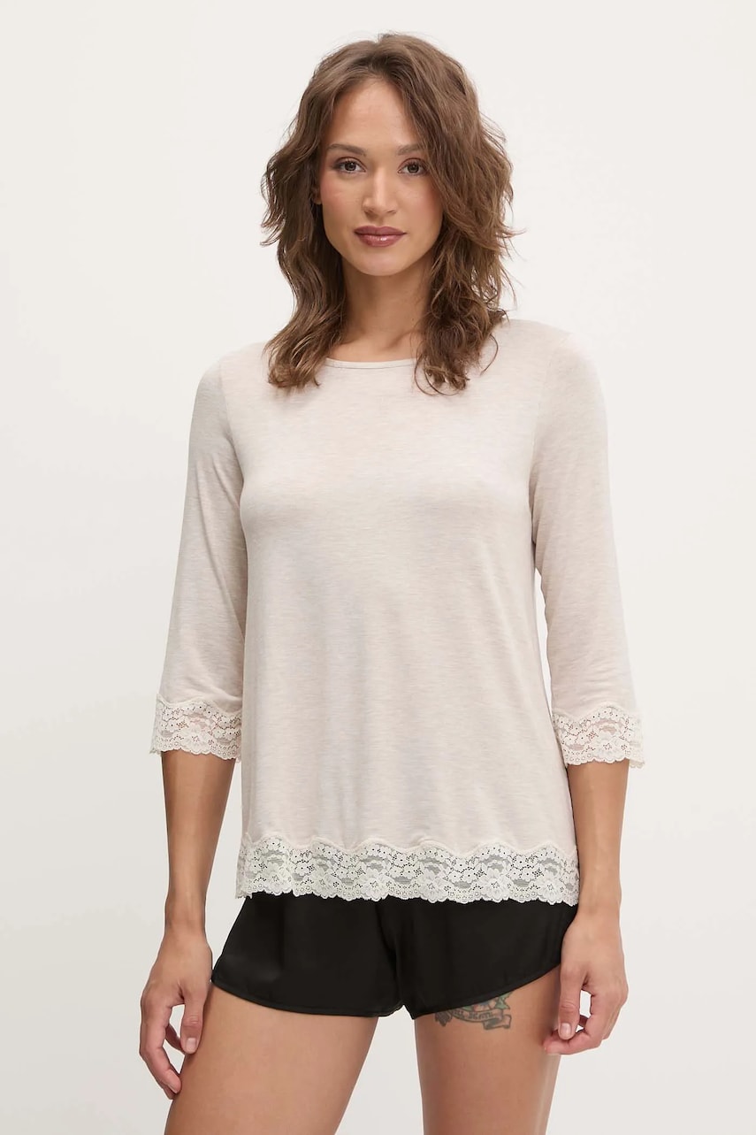 United Colors of Benetton longsleeve de pijama culoarea bej, 3Z123M07E United Colors of Benetton longsleeve de pijama culoarea bej, 3Z123M07E