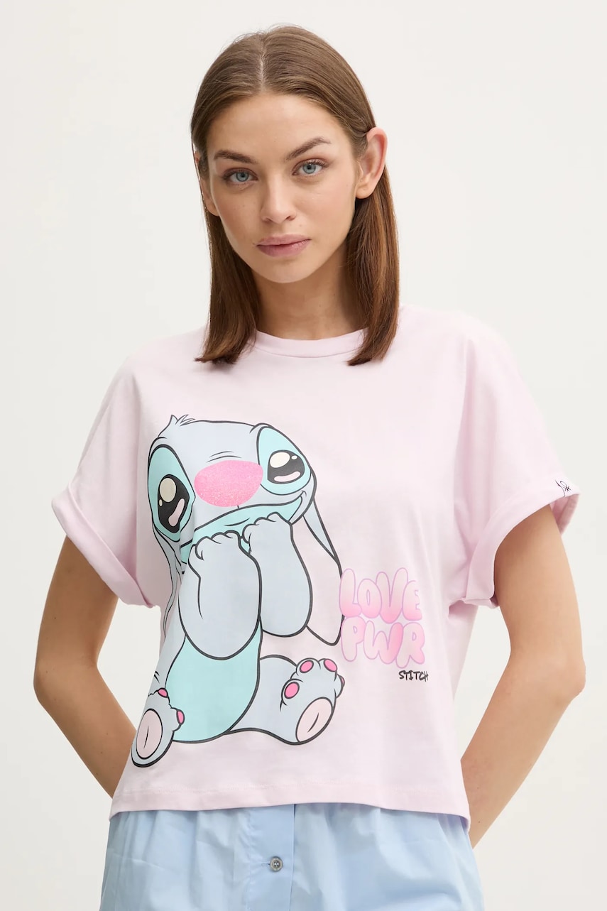 United Colors of Benetton tricou de pijama din bumbac LILO&STITCH culoarea roz, bumbac, 30963M07C United Colors of Benetton tricou de pijama din bumbac LILO&STITCH culoarea roz, bumbac, 30963M07C