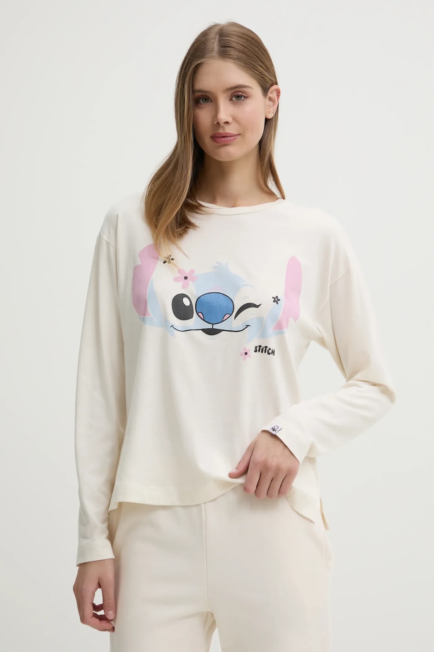 United Colors of Benetton longsleeve de pijama LILO&STITCH culoarea bej, 3Y5E3M07D United Colors of Benetton longsleeve de pijama LILO&STITCH culoarea bej, 3Y5E3M07D
