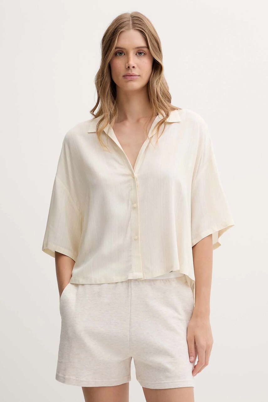 Levně Pyžamová košile Calvin Klein Underwear dámská, béžová barva, 000QS7259E