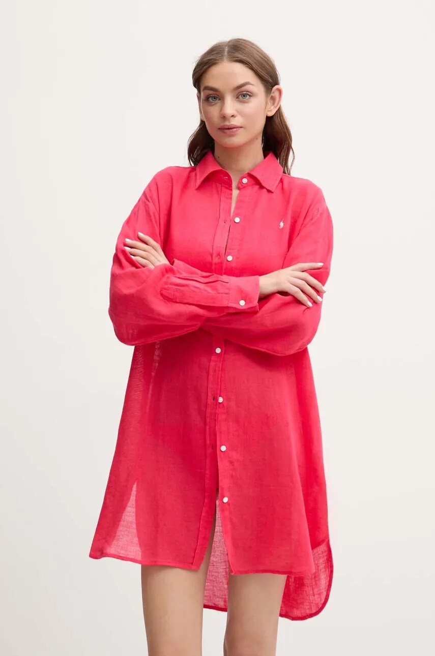 Levně Plážová košile ze lněné směsi Polo Ralph Lauren růžová barva, 21564377