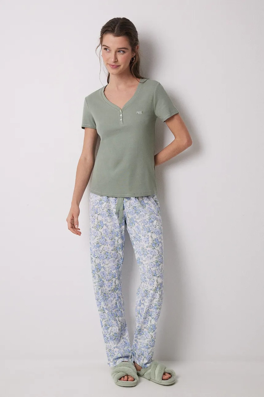 women\'secret set de pijama de bumbac femei, culoarea verde, bumbac, 3599152