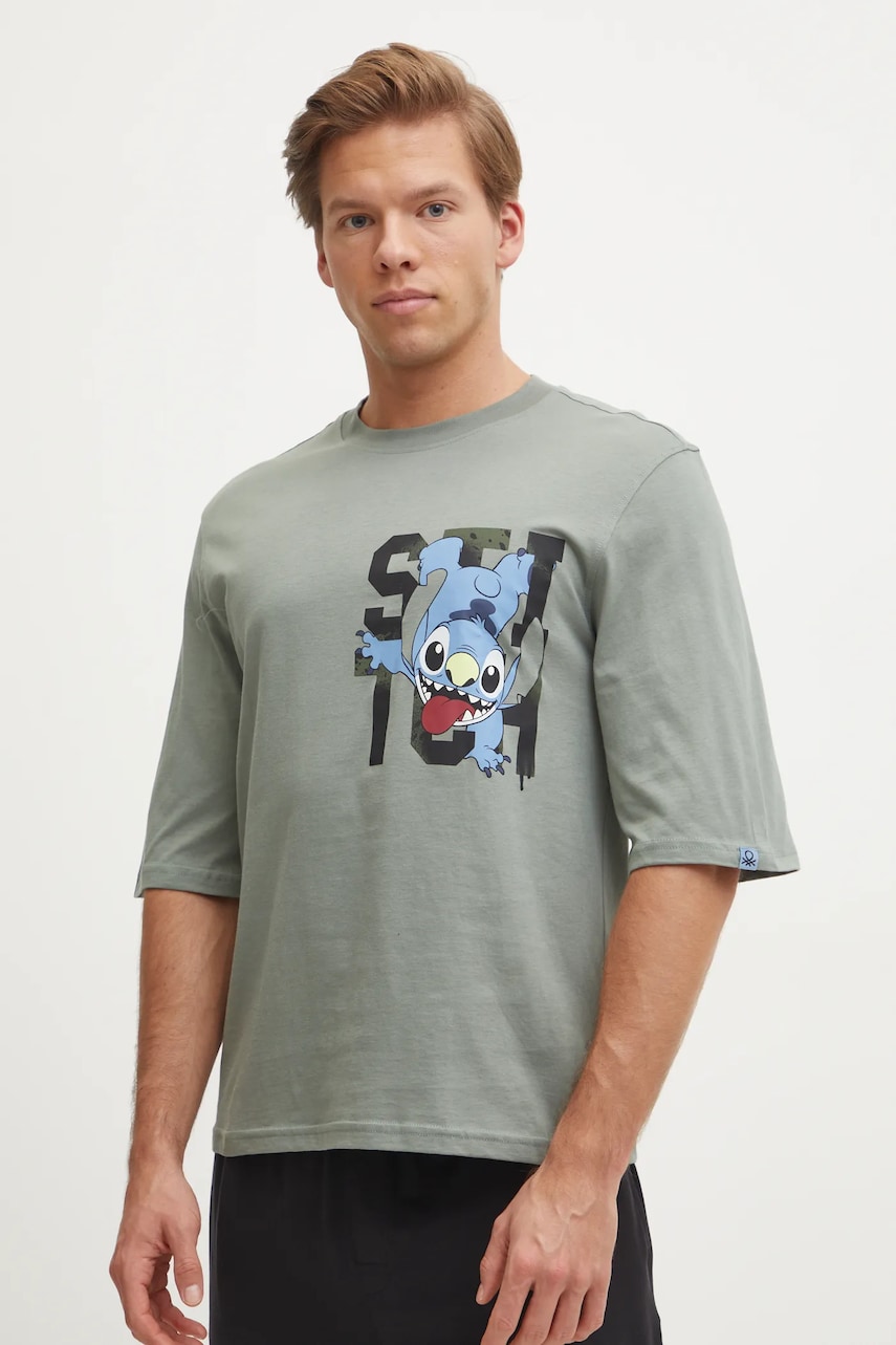 United Colors of Benetton tricou de pijama din bumbac LILO&STITCH culoarea verde, cu imprimeu, 30964M01Y United Colors of Benetton tricou de pijama din bumbac LILO&STITCH culoarea verde, cu imprimeu, 30964M01Y