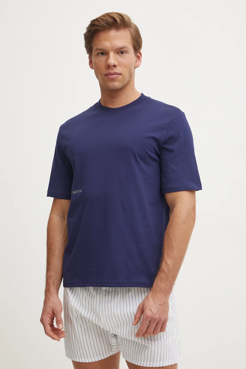United Colors of Benetton tricou de pijama din bumbac culoarea albastru marin, neted, 30964M01W United Colors of Benetton tricou de pijama din bumbac culoarea albastru marin, neted, 30964M01W