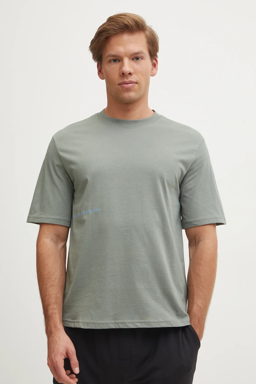 United Colors of Benetton tricou de pijama din bumbac culoarea verde, neted, 30964M01W United Colors of Benetton tricou de pijama din bumbac culoarea verde, neted, 30964M01W