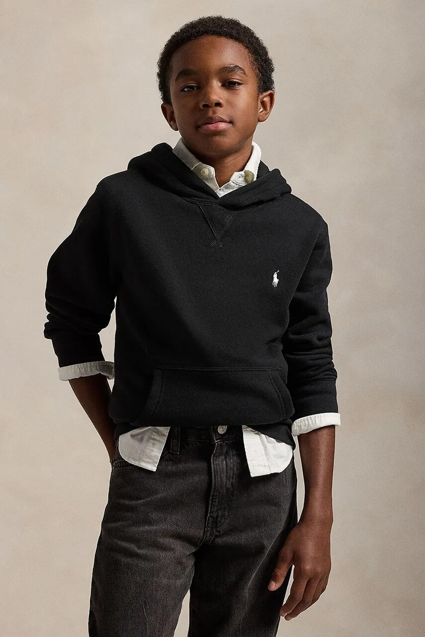 Levně Dětská mikina Polo Ralph Lauren černá barva, s kapucí, hladká, 323749954035