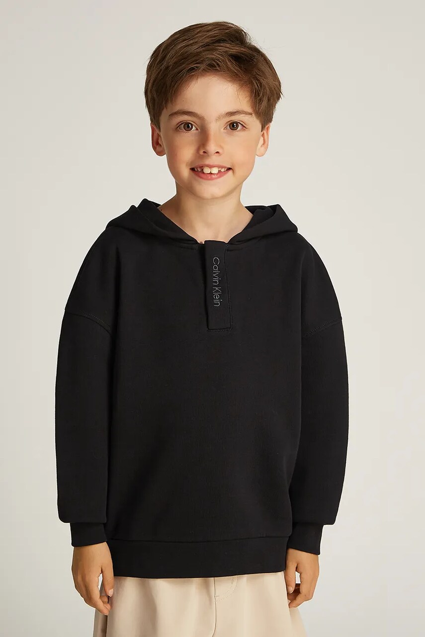 Levně Dětská mikina Calvin Klein Jeans 0 černá barva, s kapucí, s potiskem, IB0IB02377