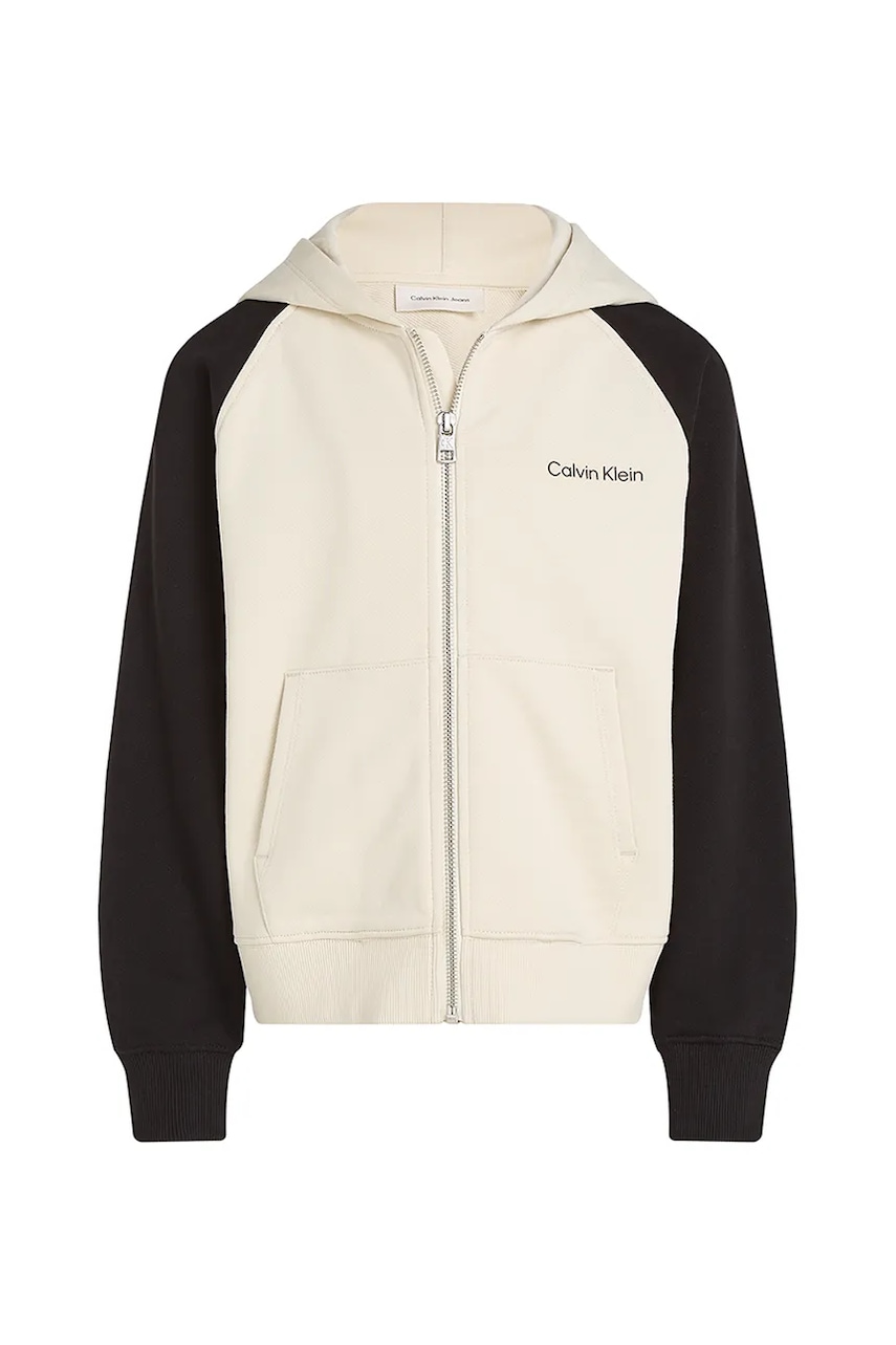 Детская хлопковая кофта Calvin Klein Jeans цвет бежевый с капюшоном однотонная IB0IB02378 Детская хлопковая кофта Calvin Klein Jeans цвет бежевый с капюшоном однотонная IB0IB02378