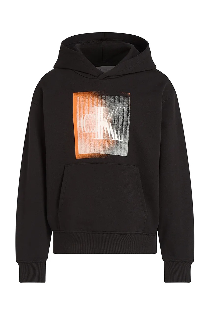 Дитяча бавовняна кофта Calvin Klein Jeans 0 колір чорний з капюшоном з принтом IB0IB02380