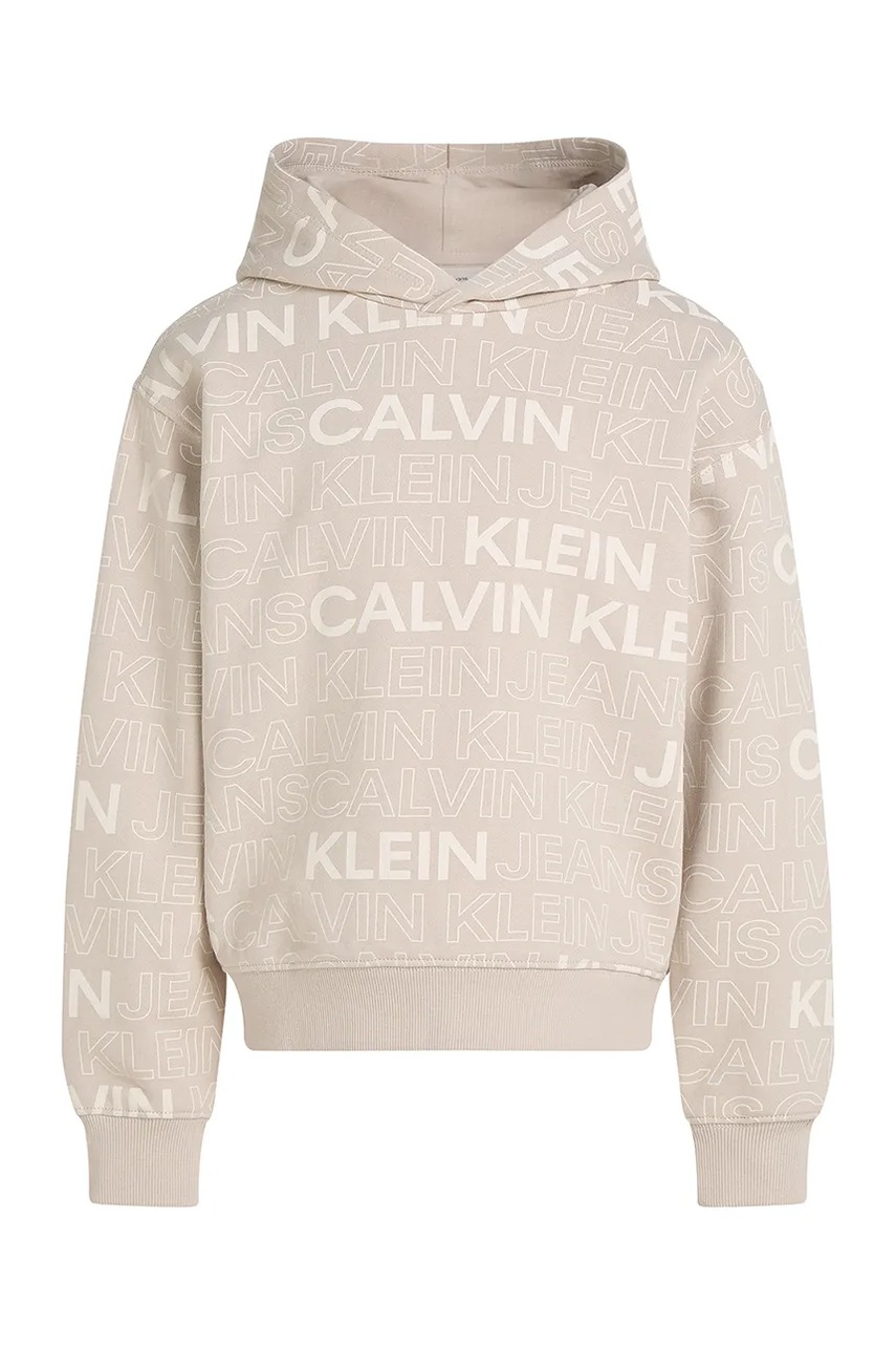 Детская хлопковая кофта Calvin Klein Jeans 0 цвет бежевый с капюшоном узор IB0IB02381 Детская хлопковая кофта Calvin Klein Jeans 0 цвет бежевый с капюшоном узор IB0IB02381