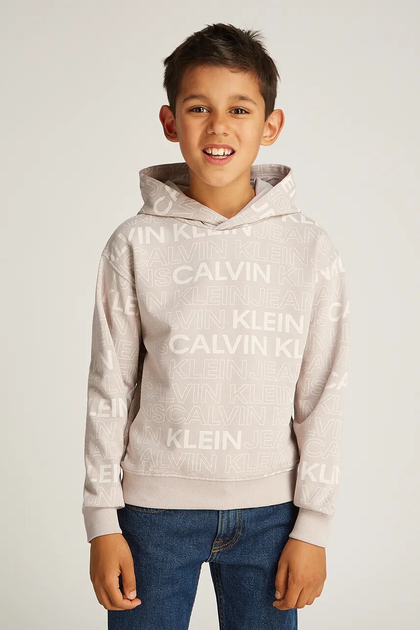 Levně Dětská bavlněná mikina Calvin Klein Jeans 0 béžová barva, s kapucí, vzorovaná, IB0IB02381