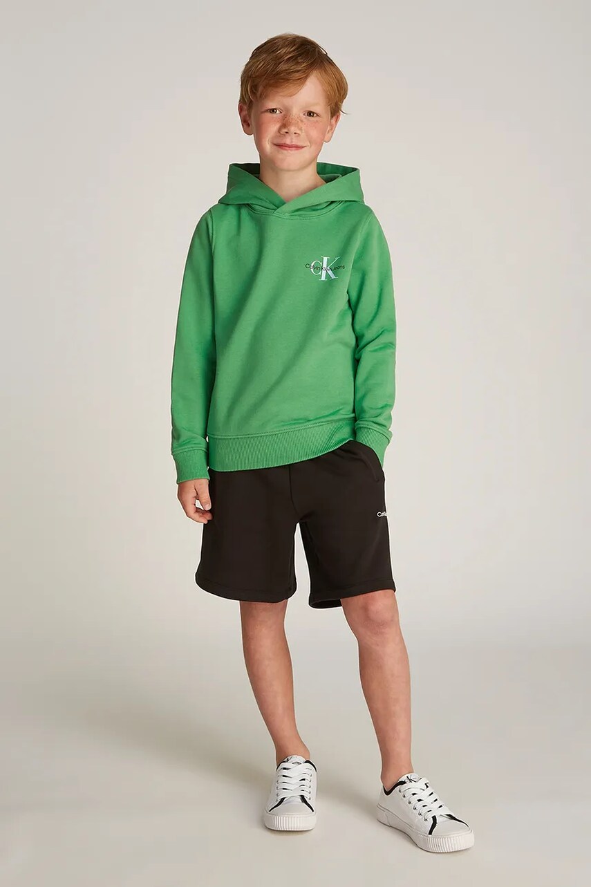 Levně Dětská bavlněná mikina Calvin Klein Jeans 0 zelená barva, s kapucí, s potiskem, IU0IU00266