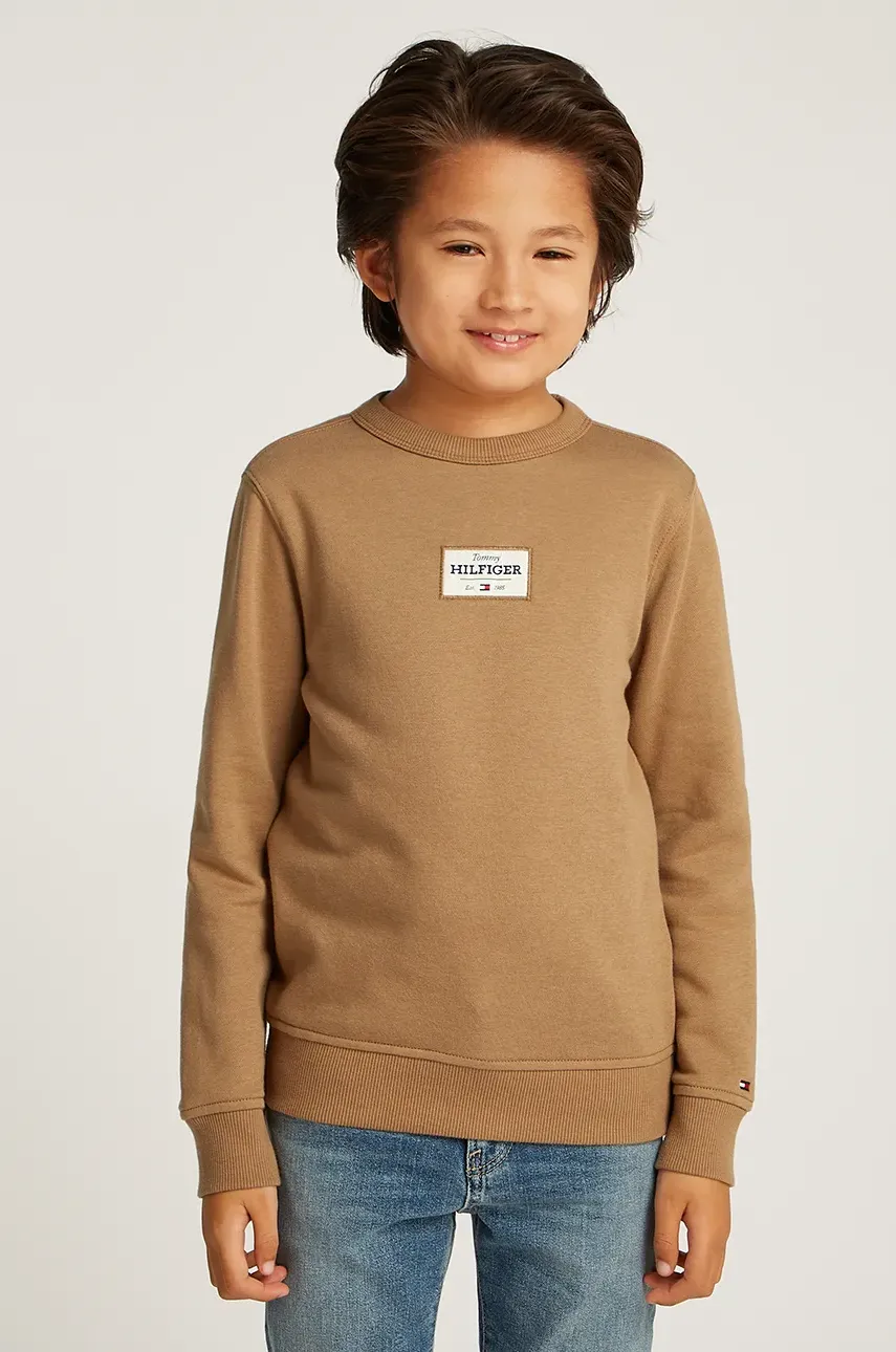 Levně Dětská mikina Tommy Hilfiger hnědá barva, s aplikací, KB0KB09315