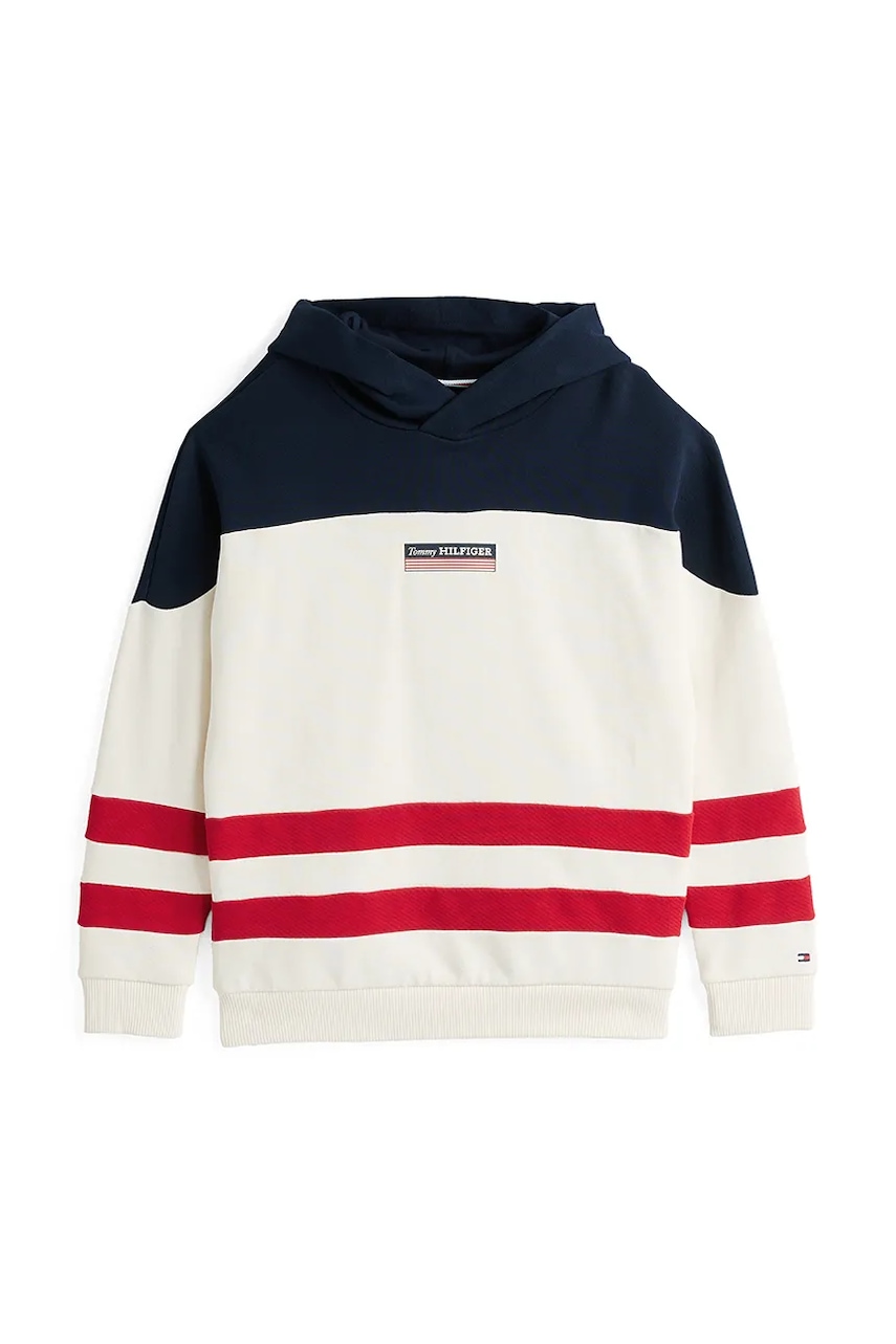 Детская хлопковая кофта Tommy Hilfiger цвет бежевый с капюшоном с аппликацией KB0KB09584 Детская хлопковая кофта Tommy Hilfiger цвет бежевый с капюшоном с аппликацией KB0KB09584