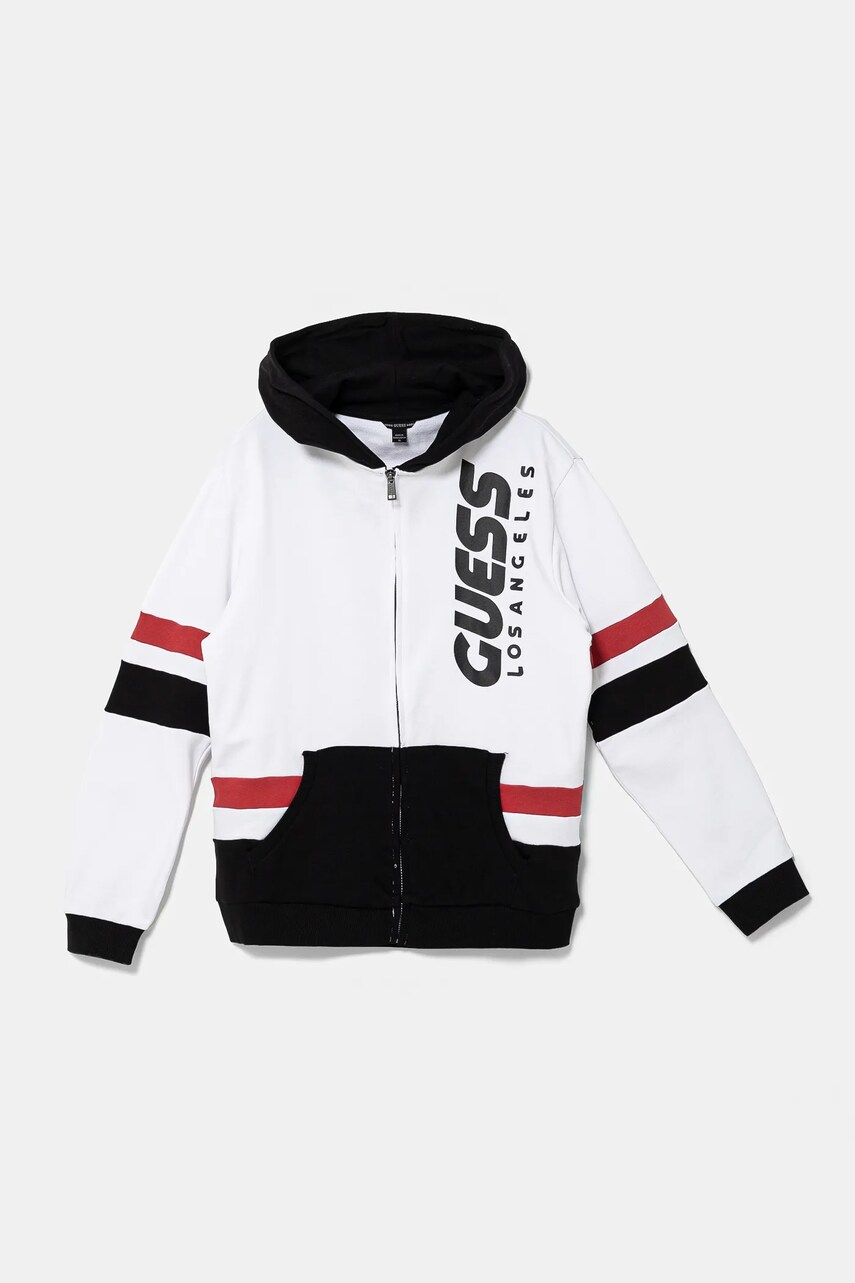 Levně Dětská bavlněná mikina Guess černá barva, s kapucí, vzorovaná, L5RQ02 KA6R4