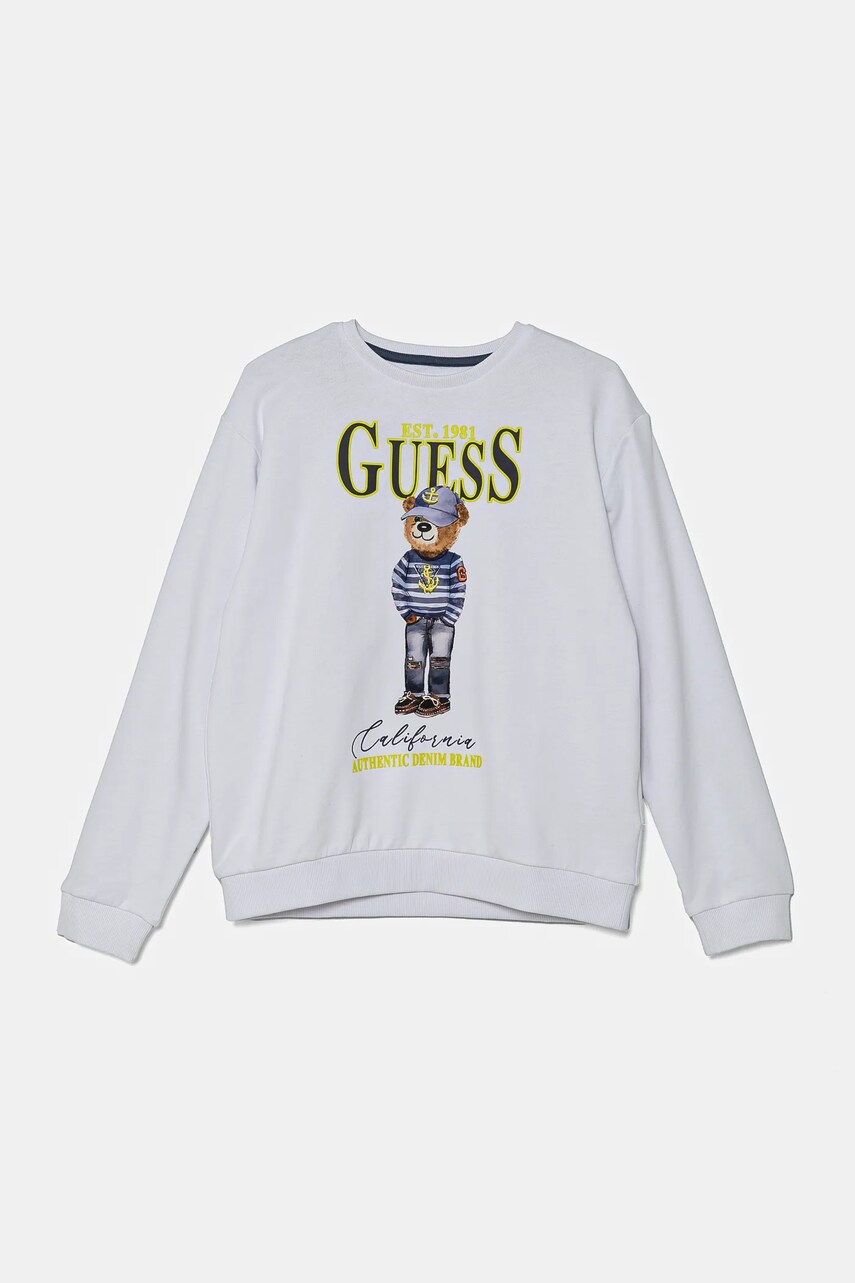 Levně Dětská bavlněná mikina Guess bílá barva, s potiskem, L5RQ06 KAD74