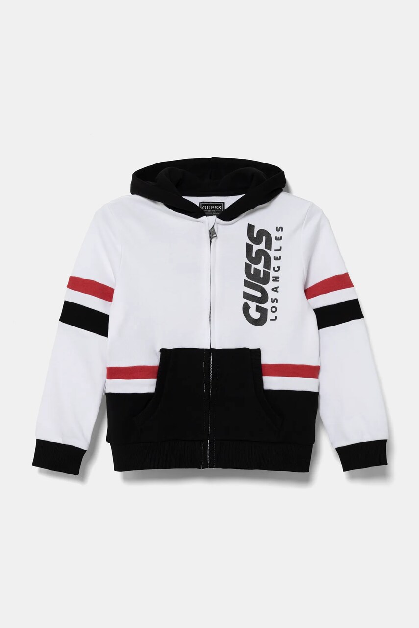 Levně Dětská bavlněná mikina Guess černá barva, s kapucí, s potiskem, N5RQ02 KA6R4