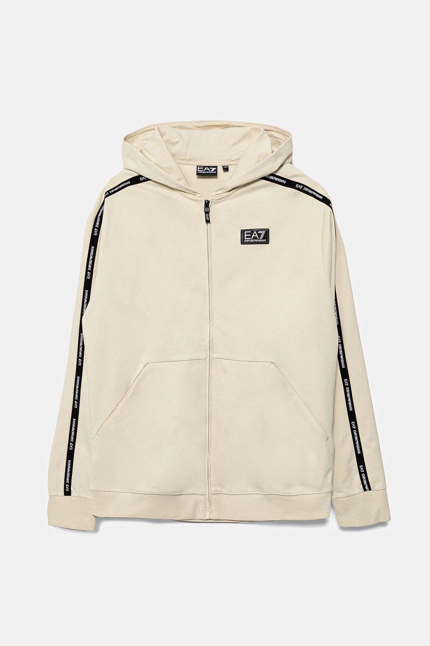 EA7 Emporio Armani hanorac de bumbac pentru copii culoarea bej, cu gluga, cu imprimeu, 7B000056 AF10380