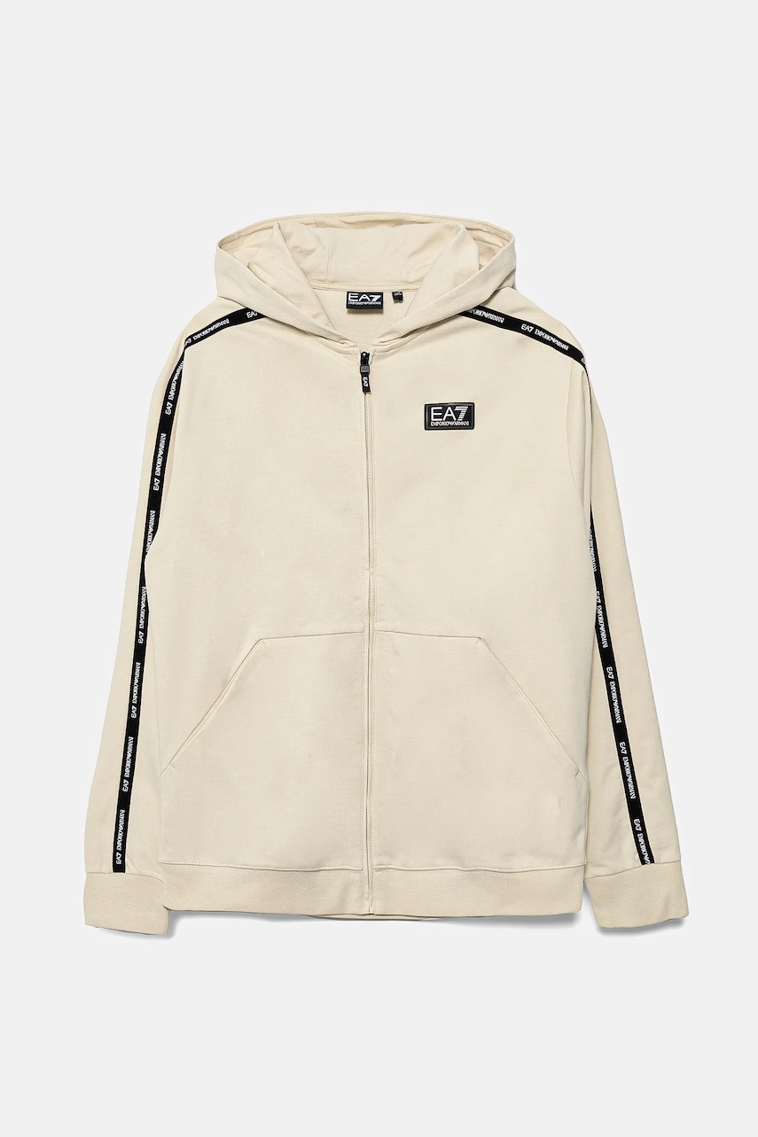EA7 Emporio Armani hanorac de bumbac pentru copii culoarea bej, cu glugă, cu imprimeu, 7B000056 AF10380