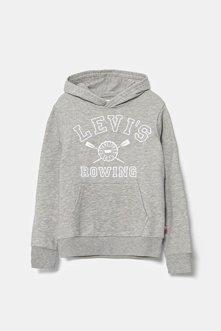 Levi\'s bluză copii VARSITY ROWING HOODIE culoarea gri, cu glugă, cu imprimeu, 9EM573
