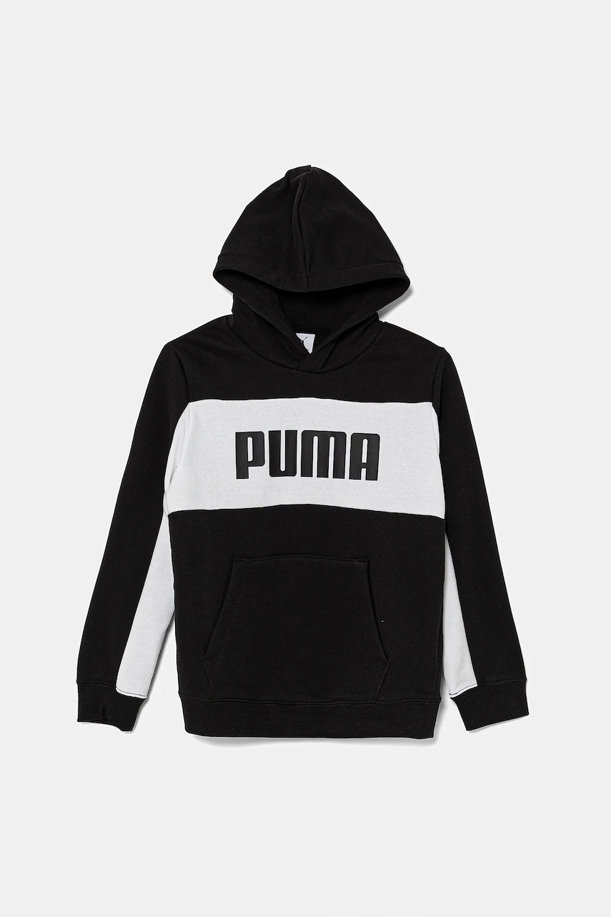 Puma bluza copii ESS BLOCK Hoodie TR culoarea negru, cu glugă, cu imprimeu, 685819 Puma bluza copii ESS BLOCK Hoodie TR culoarea negru, cu glugă, cu imprimeu, 685819