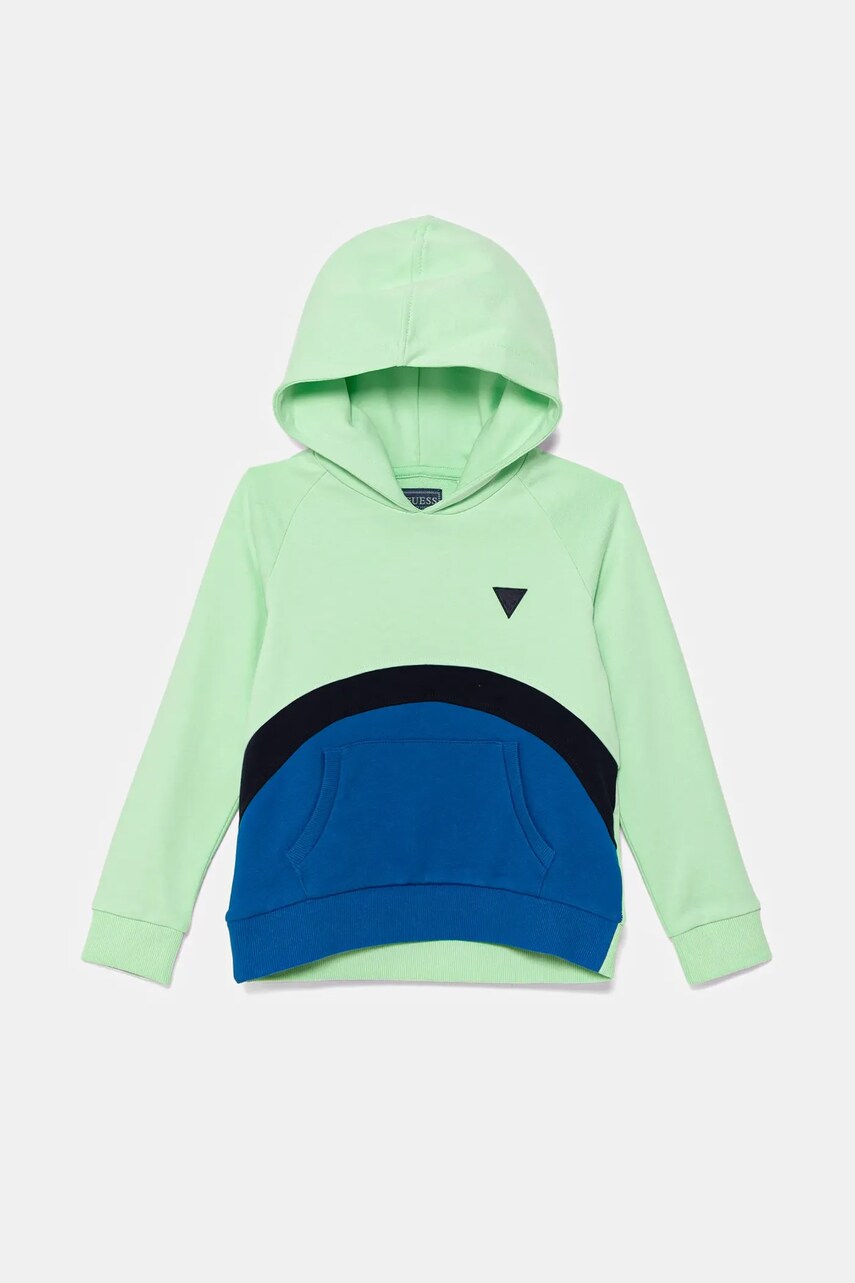 Levně Dětská bavlněná mikina Guess zelená barva, s kapucí, vzorovaná, N5GQ02 KA6R4