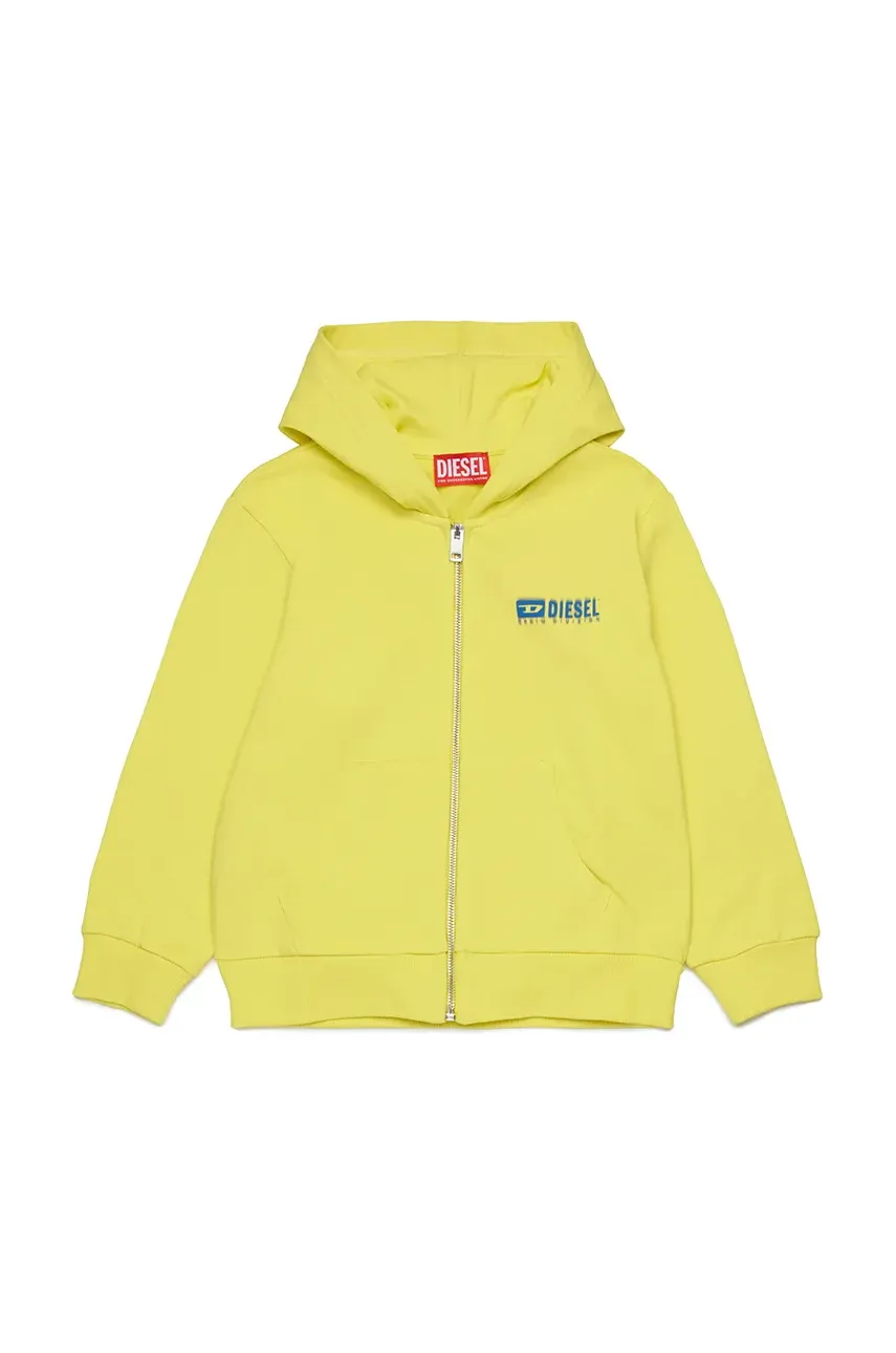 Diesel hanorac de bumbac pentru copii SVOUGZIP OVER SWEAT-SHIRT culoarea galben, cu glugă, cu imprimeu, J02039