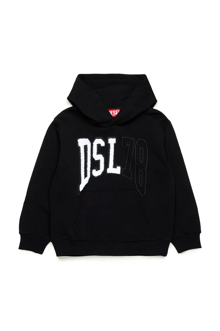 Diesel hanorac de bumbac pentru copii SBOXTHOOD OVER SWEAT-SHIRT culoarea negru, cu gluga, cu imprimeu, J02226