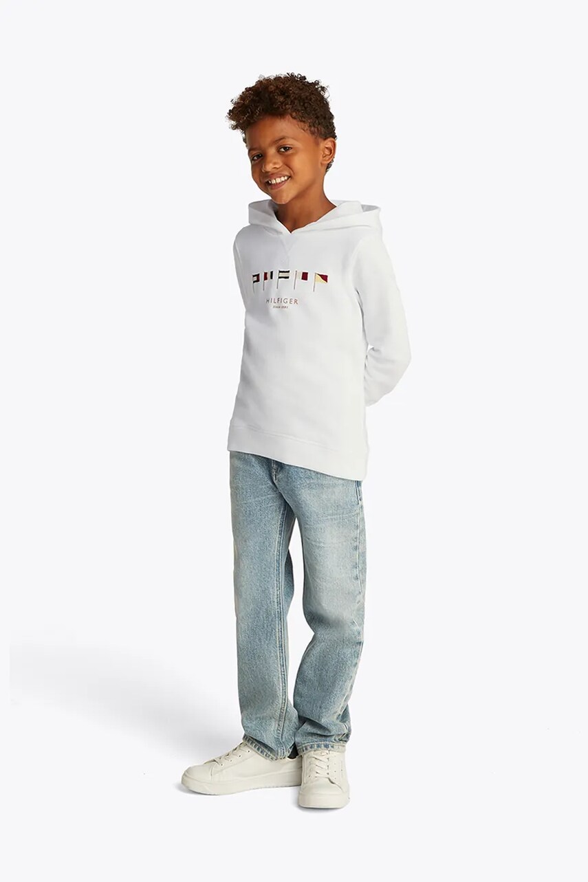 Levně Dětská bavlněná mikina Tommy Hilfiger bílá barva, s kapucí, s aplikací, KB0KB09576